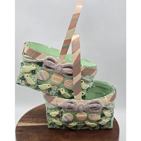 2 Vintage Mint Pink Painted Small Easter Basket Chicks Eggs Stripes Bow - Picture 1 of 12